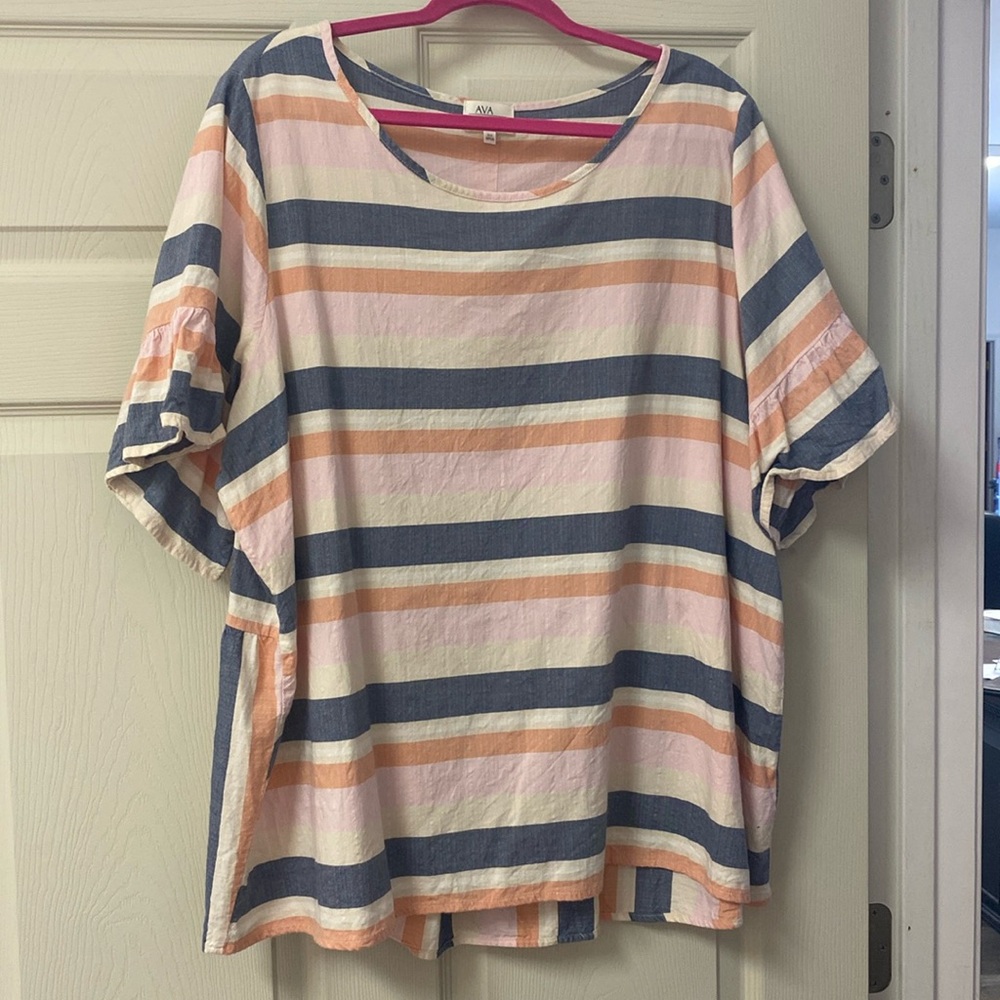3x blouse with ruffle sleeves. Like new. Pale blue,coral, pink, and cream stripe